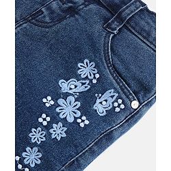 Babyhug Cotton Above Knee Length Washed Denim Stretchable Shorts Floral Embroidered - Blue
