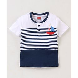 Babyhug Cotton Jersey Knit Half Sleeves Striped T-Shirt Boat Applique - White & Blue