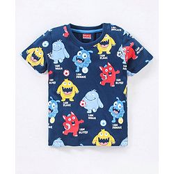Babyhug Cotton Knit Half Sleeves Monsters Printed T-Shirt - Navy Blue
