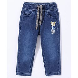 Babyhug Cotton Full Length Stretchable Jeans Bear Print - Blue