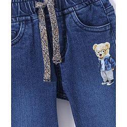 Babyhug Cotton Full Length Stretchable Jeans Bear Print - Blue