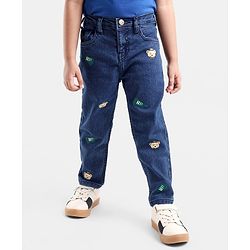 Babyhug Cotton Stretchable Full Length Washed Jeans Teddy Print   Fly With Zipper -  Blue