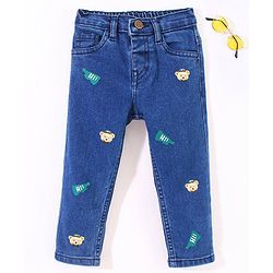 Babyhug Cotton Stretchable Full Length Washed Jeans Teddy Print   Fly With Zipper -  Blue