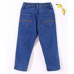 Babyhug Cotton Stretchable Full Length Washed Jeans Teddy Print   Fly With Zipper -  Blue