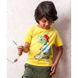 Babyhug Cotton Knit Half Sleeves Dino Printed T-Shirt - Yellow