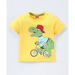 Babyhug Cotton Knit Half Sleeves Dino Printed T-Shirt - Yellow