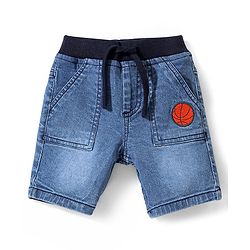 Babyhug Cotton Spandex Knee Length Stretchable Washed Denim Bermuda with Ball Patch - Blue