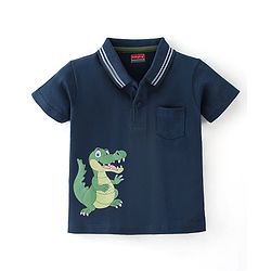 Babyhug Cotton Knit Half Sleeves Polo T-Shirt Dino Print - Navy Blue