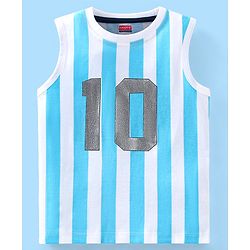 Babyhug Cotton Knit Sleeveless T-Shirt Striped and 10 Print - Blue & White