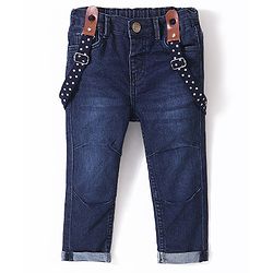Babyhug Cotton Washed Denim Solid Full Length Jeans With Suspender  Fly With Zipper -  Blue