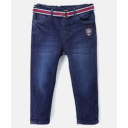 Babyhug Cotton Stretchable Full Length Washed Jeans With Belt  Fly With Zipper -  Blue