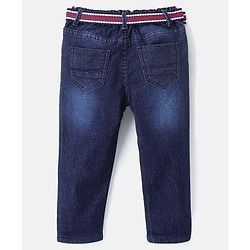 Babyhug Cotton Stretchable Full Length Washed Jeans With Belt  Fly With Zipper -  Blue