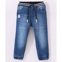 Babyhug Cotton Full Length Stretchable Denim Jeans Boat Embroidery - Blue
