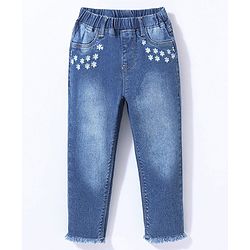 Babyhug Cotton Stretched Full Length Washed Denim Jeggings Floral Embroidery - Blue