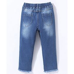 Babyhug Cotton Stretched Full Length Washed Denim Jeggings Floral Embroidery - Blue
