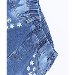 Babyhug Cotton Stretched Full Length Washed Denim Jeggings Floral Embroidery - Blue