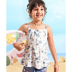 Babyhug 100% Viscose Woven Sleeveless Top With Floral Print & Corsage Detailing- White