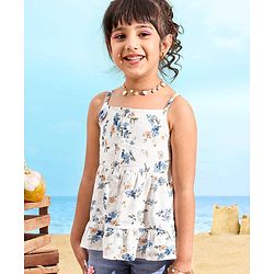 Babyhug 100% Viscose Woven Sleeveless Top With Floral Print & Corsage Detailing- White