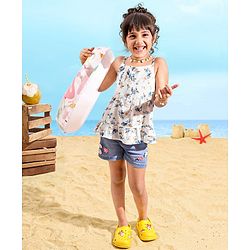Babyhug 100% Viscose Woven Sleeveless Top With Floral Print & Corsage Detailing- White