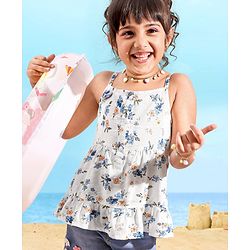 Babyhug 100% Viscose Woven Sleeveless Top With Floral Print & Corsage Detailing- White