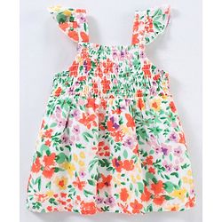 Babyhug Sleeveless Rayon Top With Smocking & Frill Detailing Floral Print - White