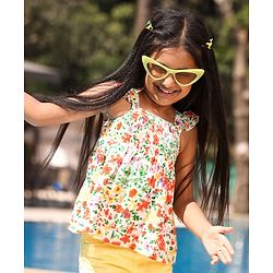 Babyhug Sleeveless Rayon Top With Smocking & Frill Detailing Floral Print - White