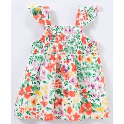 Babyhug Sleeveless Rayon Top With Smocking & Frill Detailing Floral Print - White