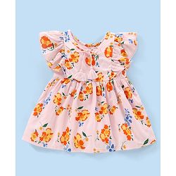 Babyhug 100% Viscose Woven Half Sleeves Top With Drawstring & Frill Detailing Floral Print- Pink