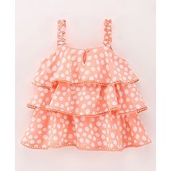 Babyhug 100% Rayon Sleeveless 3 Tier Woven Top With Corsage & Lace Detailing Polka Dot Print- Peach