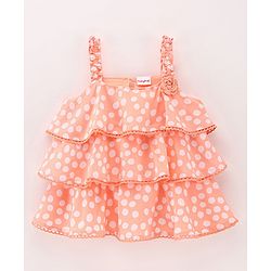 Babyhug 100% Rayon Sleeveless 3 Tier Woven Top With Corsage & Lace Detailing Polka Dot Print- Peach