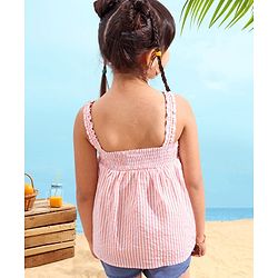 Babyhug Sleeveless Seer Sucker Woven Top With Stripes & Bow Detailing - Peach