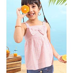Babyhug Sleeveless Seer Sucker Woven Top With Stripes & Bow Detailing - Peach