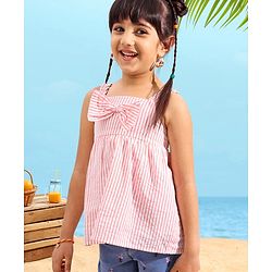 Babyhug Sleeveless Seer Sucker Woven Top With Stripes & Bow Detailing - Peach