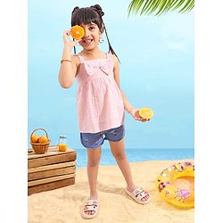 Babyhug Sleeveless Seer Sucker Woven Top With Stripes & Bow Detailing - Peach