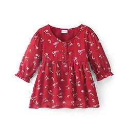 Babyhug Viscose Woven Three Fourth Sleeves Top With Frill Detailing Floral Print- Red