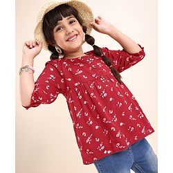 Babyhug Viscose Woven Three Fourth Sleeves Top With Frill Detailing Floral Print- Red