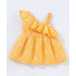 Babyhug Sleeveless Rayon Woven Floral Printed Top With Frill & Lace Detailing - Yellow