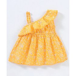 Babyhug Sleeveless Rayon Woven Floral Printed Top With Frill & Lace Detailing - Yellow