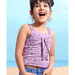 Babyhug Sleeveless Rayon Woven Crop Top With Bow Detailing Floral Print- Light Purple