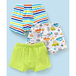 Babyhug 100% Cotton Striped & Car Printed Briefs Pack of 3 -Green & White