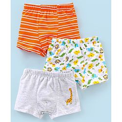 Babyhug 100% Cotton Striped & Wild Animals Printed Briefs Pack of 3 - Grey & Orange