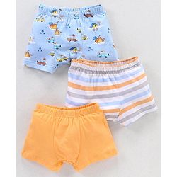 Babyhug 100% Cotton Knit Striped Boxers Cars Print Pack of 3 - Sky Blue Orange & White