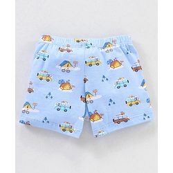 Babyhug 100% Cotton Knit Striped Boxers Cars Print Pack of 3 - Sky Blue Orange & White