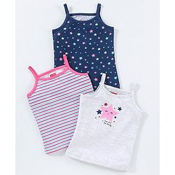 Babyhug 100% Cotton Singlet Slips Stripes & Printed Pack Of 3 - Grey Blue & Pink