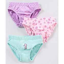 Babyhug 100% Cotton Floral & Star Fish Printed Panties Pack of 3 - Purple & Sea Green