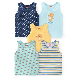 Babyhug 100 % Cotton Sando Vests Stars & Bear Print Pack of 5- Blue & Orange
