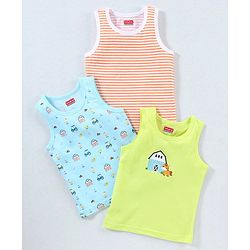 Babyhug 100% Cotton Sando Vests Stripes & House Print Pack of 3 - Orange Blue & Green