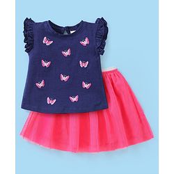 Babyhug 100% Cotton Half Sleeves Top & Skirt Butterfly Sequins Pattern  - Navy & Pink