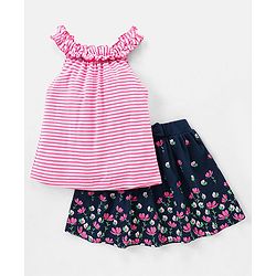 Babyhug 100% Cotton Knit Sleeveless Striped Top and Floral Printed Skirt with Bow Applique - Pink & Navy Blue