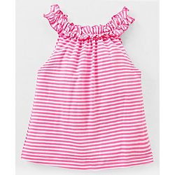 Babyhug 100% Cotton Knit Sleeveless Striped Top and Floral Printed Skirt with Bow Applique - Pink & Navy Blue